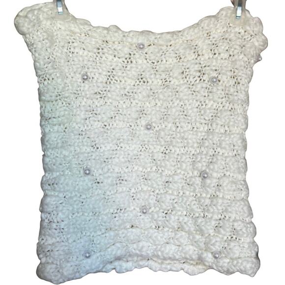 White Ivory Infinity Scarf Large Pearls Silver Threads Chunky Knit Cozy Winter - Picture 1 of 2